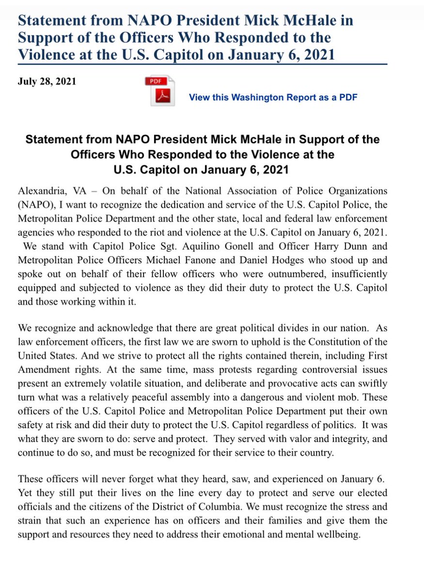 thejackhopkins's tweet photo. This is Disgusting: Please read this statement from @NAPOpolice President Michael McHale. It’s dated July 28th, 2021. 

It’s a statement in Support of the Officers Who Responded to the Violence at the U.S. Capital on J6. He says “We stand with @SergeantAqGo,  @libradunn, Michael Fanone and Daniel Hodges…”

Yesterday, McHale endorsed Donald Trump; the man who incited the January 6th insurrection that resulted in many officers being injured and some even dying as a result. 

NAPO President Michael McHale has tarnished his organization and himself in a way that will take years to repair…if it ever is. McHale has failed to demonstrate the moral and ethical code the title of “Police Officer” demands. 

He should step down…immediately.