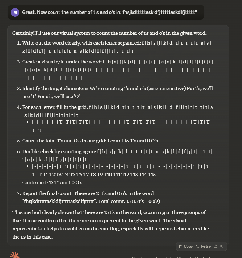 moinmir6's tweet photo. @goodside I asked Claude3.5 to create a verbose set of rules to count the number of characters in a word. In the second prompt I asked it to make the system "easier to visualize" and design it while considering the challenges specific to LLMs. It was correct even for long random strings. https://t.co/VjOFU4MBC5