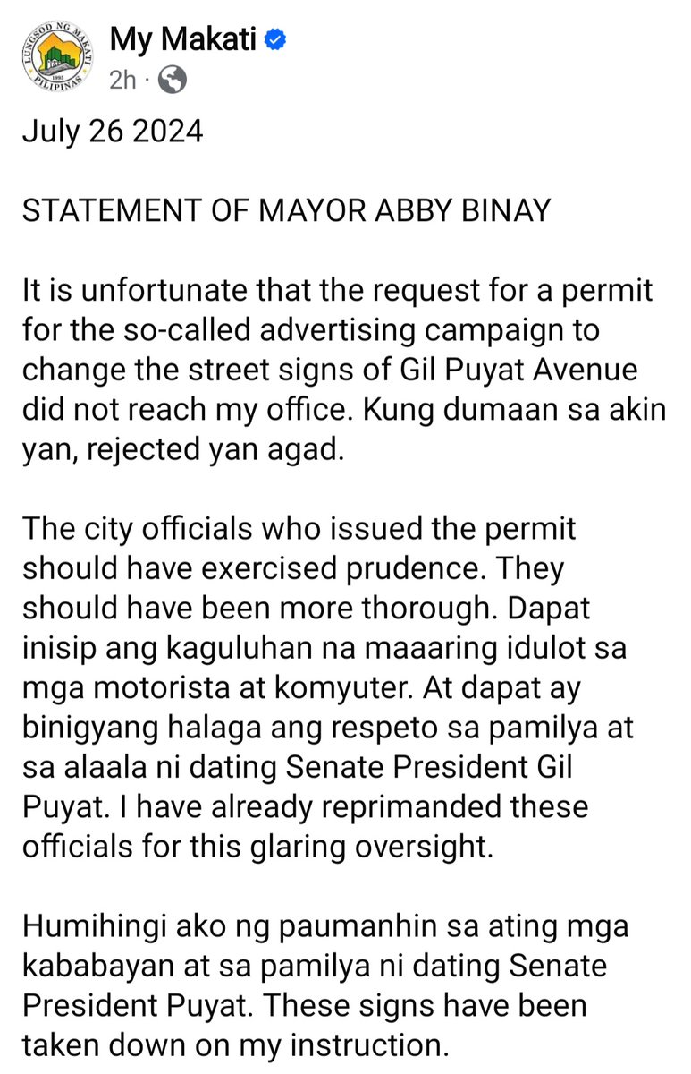 manilabulletin's tweet photo. ‘KUNG DUMAAN SA AKIN YAN, REJECTED YAN AGAD’

Makati City Mayor Abby Binay has released a statement regarding the viral alleged advertising campaign that changed the street signs of Gil Puyat Avenue to "Gil Tulog."

"It is unfortunate that the request for a permit for the so-called advertising campaign to change the street signs of Gil Puyat Avenue did not reach my office. Kung dumaan sa akin yan, rejected yan agad,” the Mayor wrote.