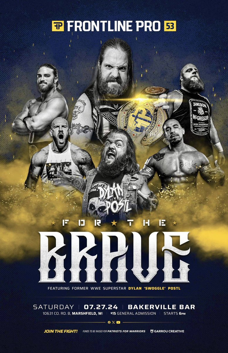 Frontline Pro (@frontlineprowi) on Twitter photo ‼️THIS SATURDAY‼️
#FrontlinePro presents #ForTheBrave
—FEATURING—
‘The Creator’ #BenMcCoy🏆versus ‘Battle Tested’ #BenEvenson
#SWOGGLE in action!
The debut of #TheCrucible <a href="/BrixtonNash/">Brixton Nash</a> & <a href="/McgregorJameson/">Jameson McGregor</a>
& much more!
📍 #BakervilleBar MARSHFIELD, WI
🎟 ALL TICKETS $15 ‼️THIS SATURDAY‼️
#FrontlinePro presents #ForTheBrave
—FEATURING—
‘The Creator’ #BenMcCoy🏆versus ‘Battle Tested’ #BenEvenson
#SWOGGLE in action!
The debut of #TheCrucible <a href="/BrixtonNash/">Brixton Nash</a> & <a href="/McgregorJameson/">Jameson McGregor</a>
& much more!
📍 #BakervilleBar MARSHFIELD, WI
🎟 ALL TICKETS $15