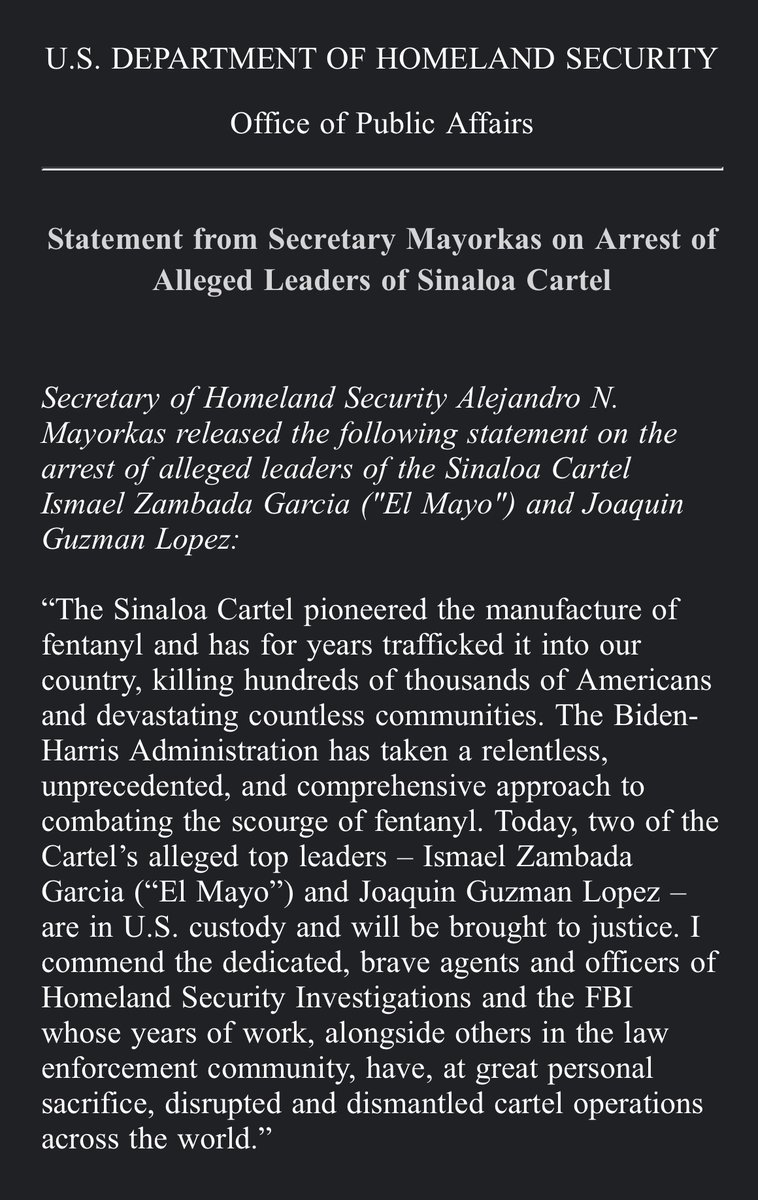 peniley_ramirez's tweet photo. Comunicado de Alejandro Mayorkas sobre la detención del Mayo Zambada y Joaquín Guzmán. Ninguna mención a la DEA ni al gobierno de México. https://t.co/cxLhT1ZjMa