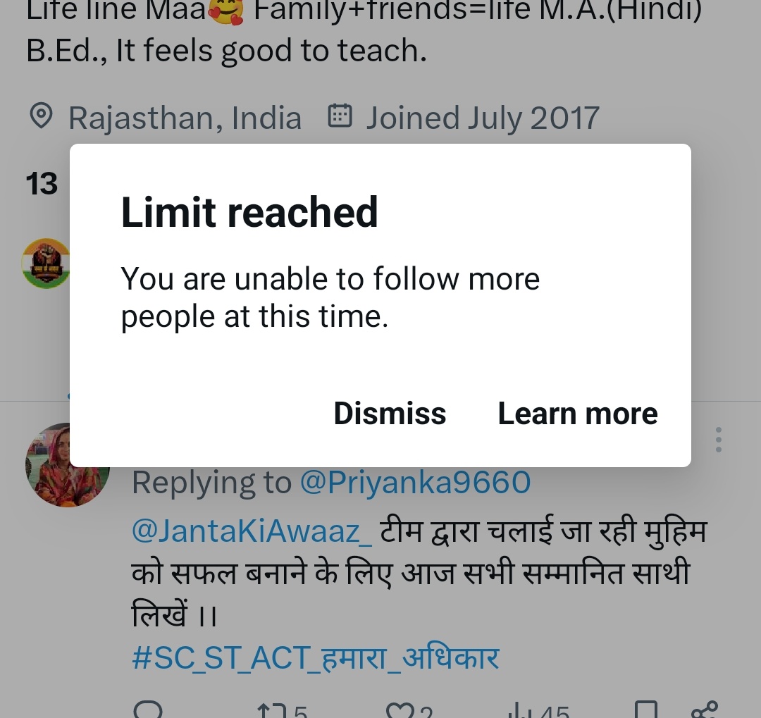 pooja_siyak's tweet photo. कोई इसका solution बता दो यार 
कल से बस यही आ रहा है किसी को भी फॉलो नहीं कर पा रही हूं 

कृप्या करके कोई मदद करदो 🙏🏼🙏🏼
#x
#limitproblem 
#xproblem 
#problemonx https://t.co/piOaTZkSdp
