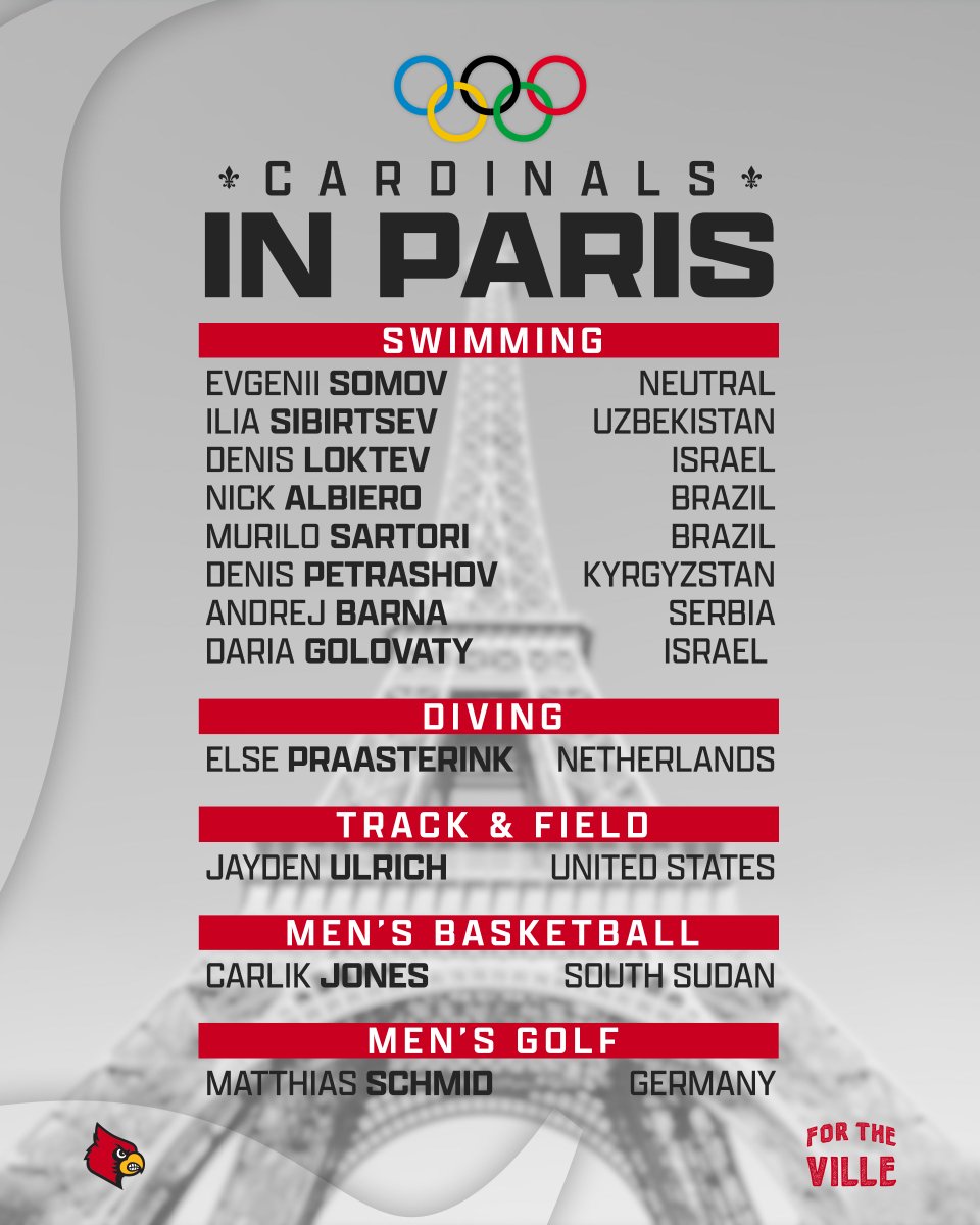 Congratulations &amp; good luck to the past &amp; present Cardinals competing in the 2024 #Olympics!

Details: uofl.me/4bZ6EhW

#GoCards x #OlympiansMadeHere