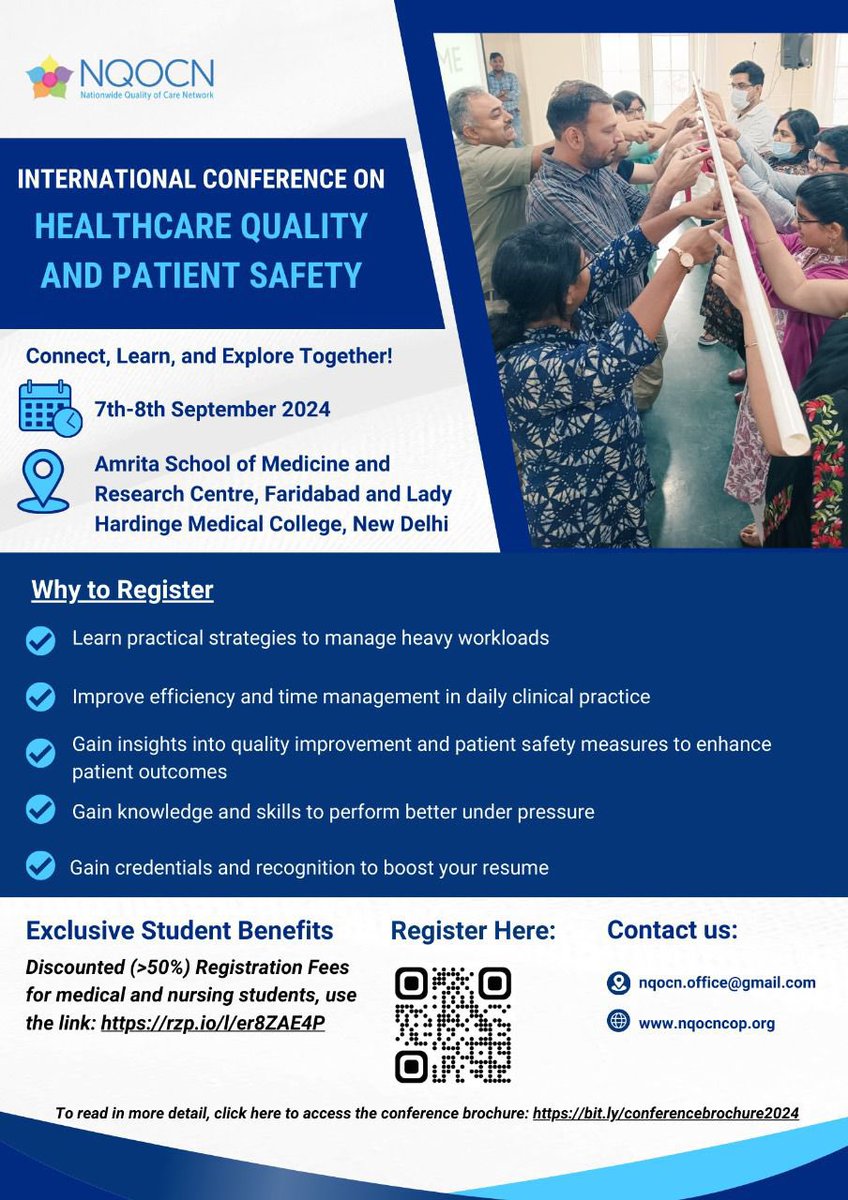 Join us at New Delhi , Early September as we host the <a href="/nqocnindia/">Nationwide Quality of Care Network</a>  Third International Conference in Healthcare Quality and Patient Safety along with Lady Hardinge Medical College &amp; Amrita Hospitals Faridabad .
To register and avail special rates for nurses and students click on