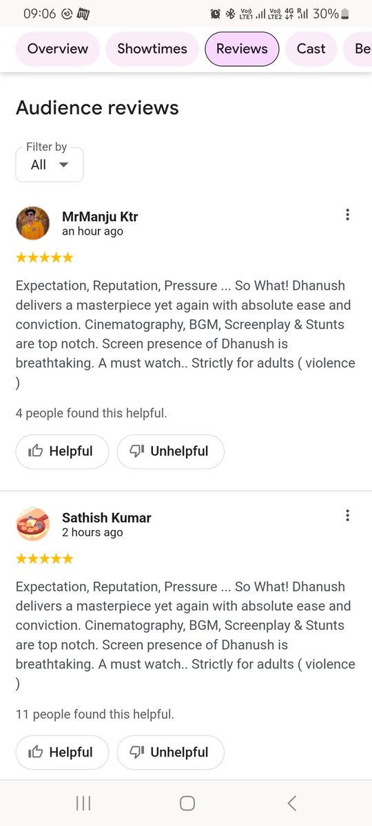sankar_offl's tweet photo. How are the same words in both the Google reviews of #rayan movie? @sunpictures @dhanushkraja @cinemas_grand @iam_SJSuryah https://t.co/wPM4LVJkLi