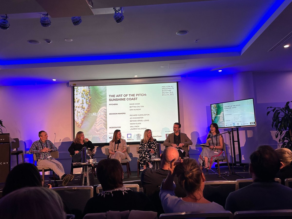 AIDCmelb's tweet photo. Firing up The Art of the Pitch with David Cook (New Dream Productions) Bettina Dalton (@wildbeartv) &amp; Dan Munday (SCSC) pitching on the theme ‘Surf &amp; Turf’ to reps from @screenaustralia, @ABCaustralia, @sbs, @paramountanz &amp; @screen_QLD #regionalitysunshinecoast https://t.co/RESQsisXkb