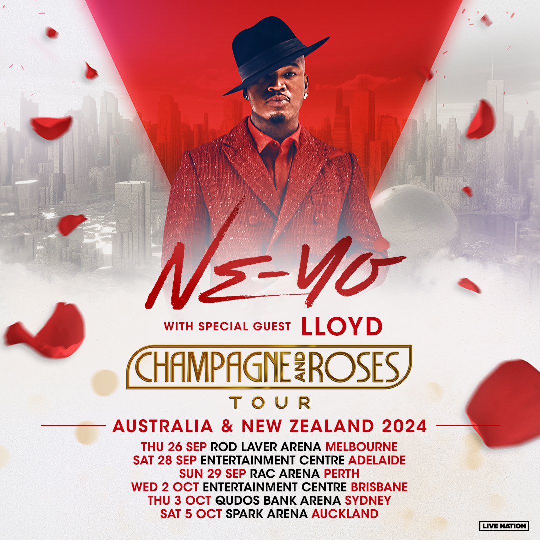 TheeMusicMedium's tweet photo. 🚨🚨 CHAMPAGNE &amp; ROSES TOUR 🚨🚨

Featuring:
👤 Ne-Yo
👤 Lloyd

2024 Australia Leg

Tix: https://t.co/QTFlss5yD6 https://t.co/vlkjsFvCVV