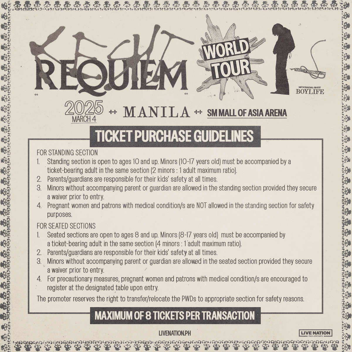livenationph's tweet photo. 🌟 Get ready, Philippines! 🌟 keshi is bringing the REQUIEM World Tour to Manila!

📅 March 4, 2025
📍 SM Mall of Asia Arena

Don't miss the presales:
🎟️ Artist Presale: July 29, 10AM – 11:59PM
✨ Details at https://t.co/vNeiYXblzh

🎟️ Mastercard Presale: July 30, 10AM – August 1, 10AM
✨ Learn more at https://t.co/lbSkVpNccc

🎟️ LNPH Presale: August 1, 12PM – 11:59PM
✨ Sign up at https://t.co/TFXFfjwHBP

General Onsale: August 2, 12PM

For more info, go to https://t.co/TFXFfjwHBP.

#keshiInManila
#MastercardPH