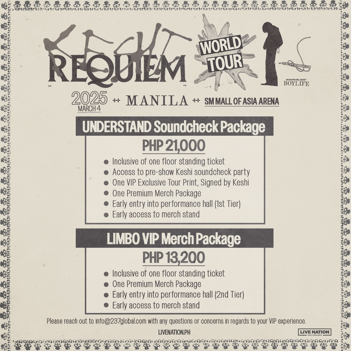 livenationph's tweet photo. 🌟 Get ready, Philippines! 🌟 keshi is bringing the REQUIEM World Tour to Manila!

📅 March 4, 2025
📍 SM Mall of Asia Arena

Don't miss the presales:
🎟️ Artist Presale: July 29, 10AM – 11:59PM
✨ Details at https://t.co/vNeiYXblzh

🎟️ Mastercard Presale: July 30, 10AM – August 1, 10AM
✨ Learn more at https://t.co/lbSkVpNccc

🎟️ LNPH Presale: August 1, 12PM – 11:59PM
✨ Sign up at https://t.co/TFXFfjwHBP

General Onsale: August 2, 12PM

For more info, go to https://t.co/TFXFfjwHBP.

#keshiInManila
#MastercardPH
