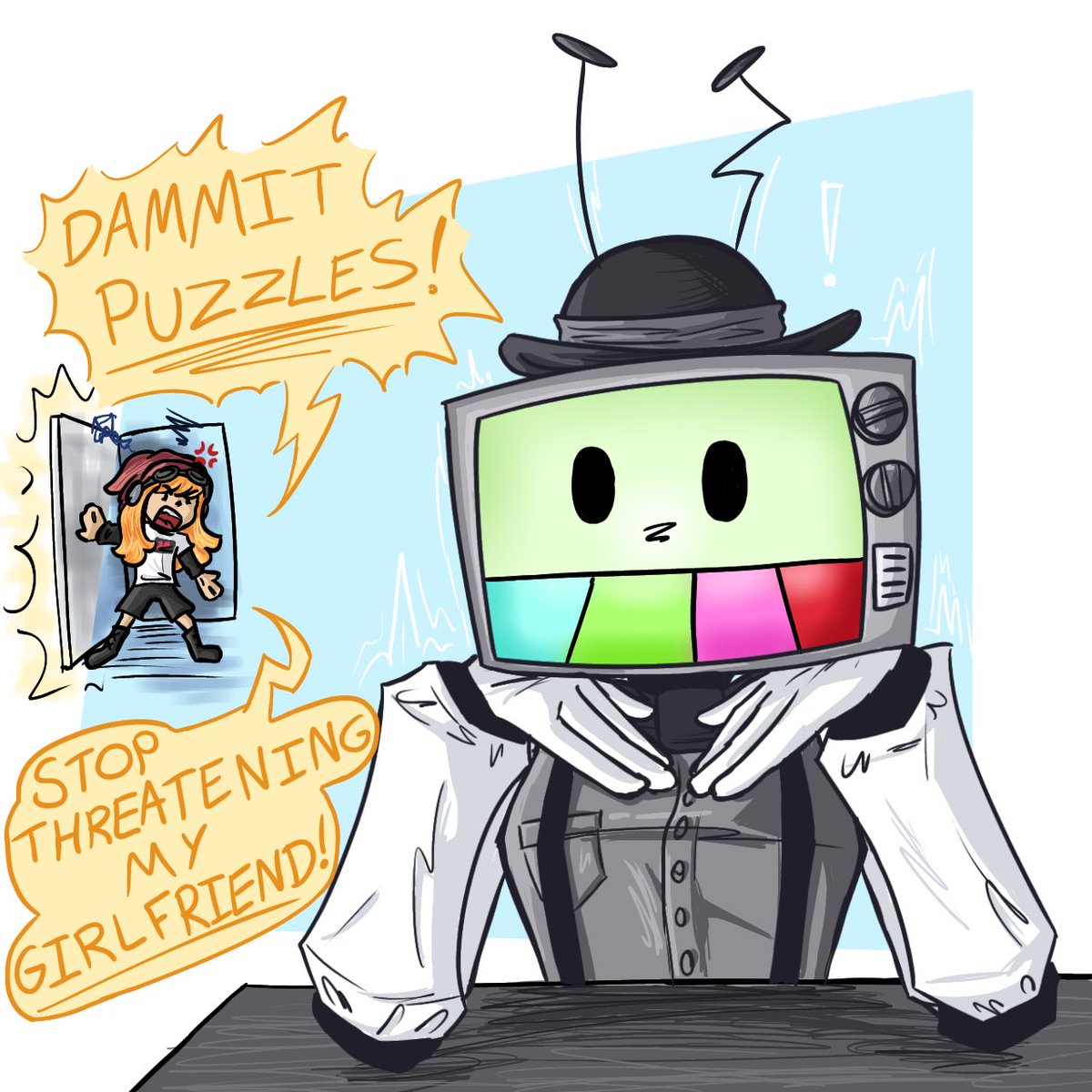 Ominus_Potato's tweet photo. Protective dad Mr Puzzles with a little #Megari !! 

#smg4 #smg4fanart #smg4mrpuzzles #smg4meggy #smg4tari #smg4megari #meggyxtari #mrpuzzlesfanart #smg4tarifanart #smg4meggyfanart https://t.co/ExRUXqDTR5