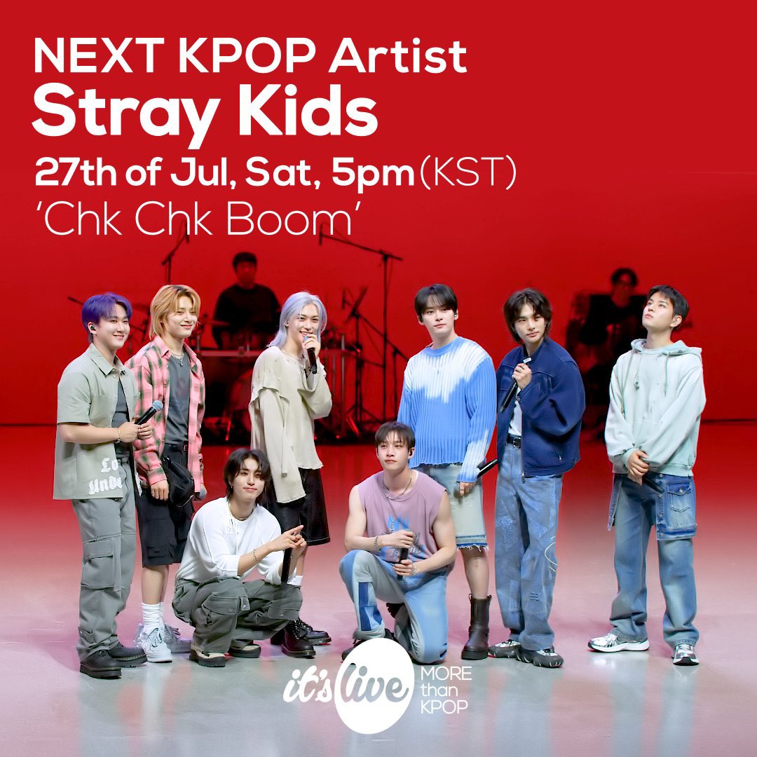 🧭スキズ 出演 情報🧭

Stray Kidsがit's Liveに出演✨️

〖it's Live〗
🗓7月27日(土)17:00
🎶Chk Chk Boom
📺it's Live
🔗youtube.com/@itsliveoffici…

#StrayKids #스트레이키즈
#ATE
#ChkChkBoom
#StrayKidsComeback
#YouMakeStrayKidsStay