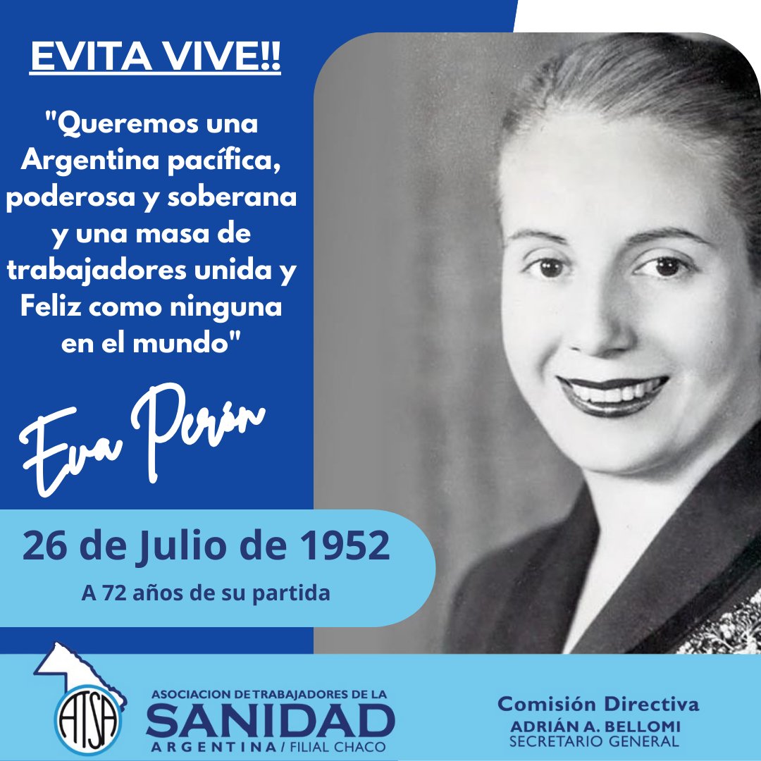 sanidadChaco's tweet photo. 🖤 Un año mas del fallecimiento de Eva Perón, Evita. 🌹 Su lucha incansable por los derechos de los trabajadores y su amor por el pueblo argentino son su legado eterno. 
Te recordamos con amor y gratitud, Evita. 🕊️✨
#EvitaEterna  #JusticiaSocial #sanidadchaco #atsachaco https://t.co/uAj1edgXa4
