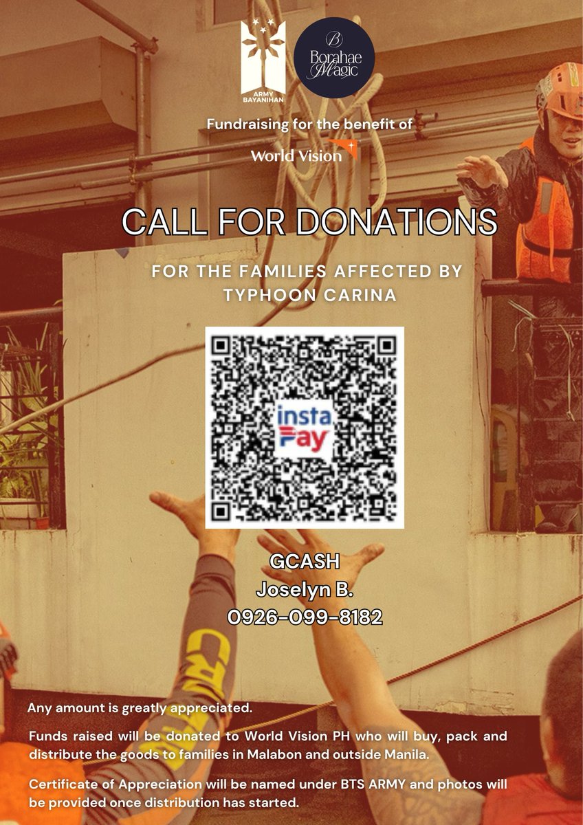 ARMYBayanihan's tweet image. Hi ARMY! 

While raising funds for Marikina, we will also start raising funds for families in other areas affected by the Typhoon. Together with @borahaemagicph and @worldvisionph, we hope that we get to provide them with what they need during this difficult time. 💜

#CarinaPH