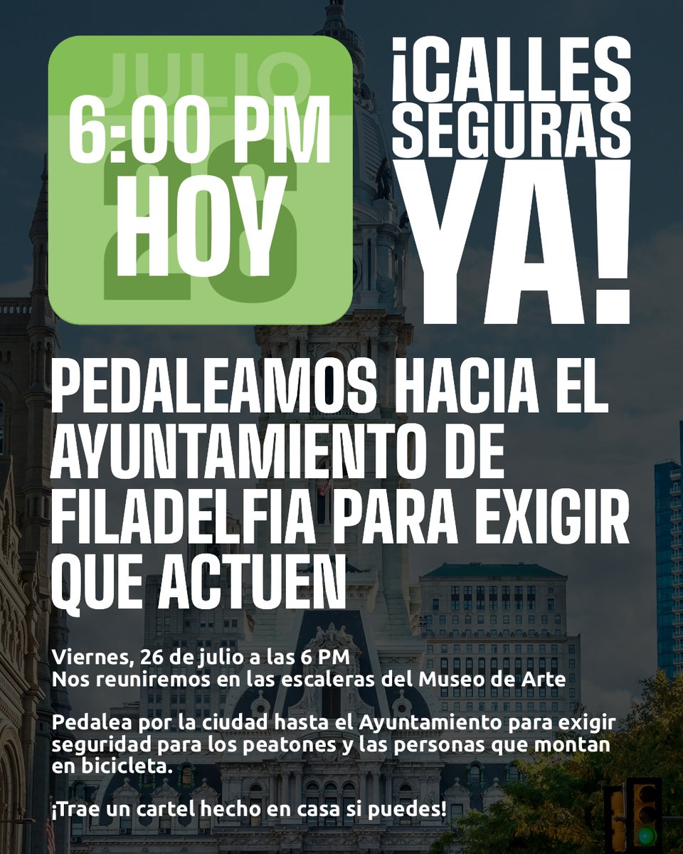 Join us tonight at 6pm at the Art Museum Steps. Bring a homemade sign with a Safe Streets theme if you can!
