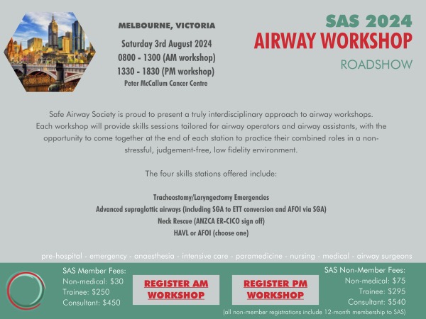 Safe Airway Society (@safeairway) on Twitter photo Still some places available for the afternoon session of next weekend's Melbourne #AirwayWorkshopRoadshow (morning session sold out). 
Sat 3rd August 13:30 - 18:30
Register here: safeairwaysociety.org/_events.regist… Still some places available for the afternoon session of next weekend's Melbourne #AirwayWorkshopRoadshow (morning session sold out). 
Sat 3rd August 13:30 - 18:30
Register here: safeairwaysociety.org/_events.regist…