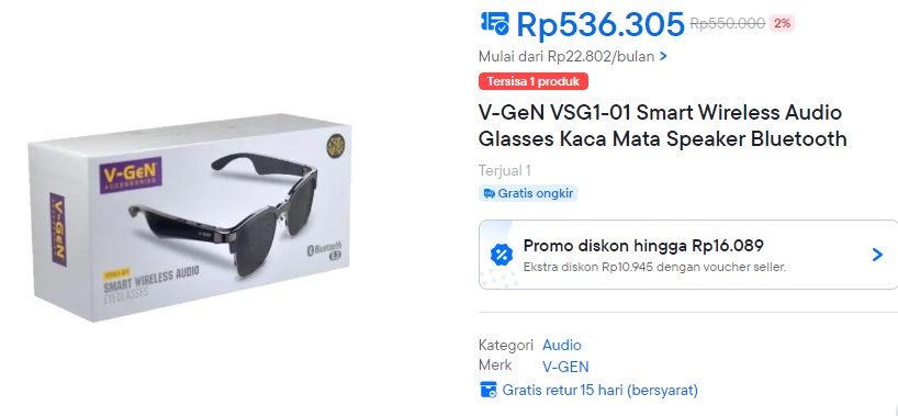 WasisPrabo44996's tweet image. V-GeN VSG1-01 Smart Wireless Audio Glasses Kaca Mata Speaker Bluetooth
#VGen  #smartwireless #speakerbluethooth

s.blibli.com/GNtk/0w1khz1p