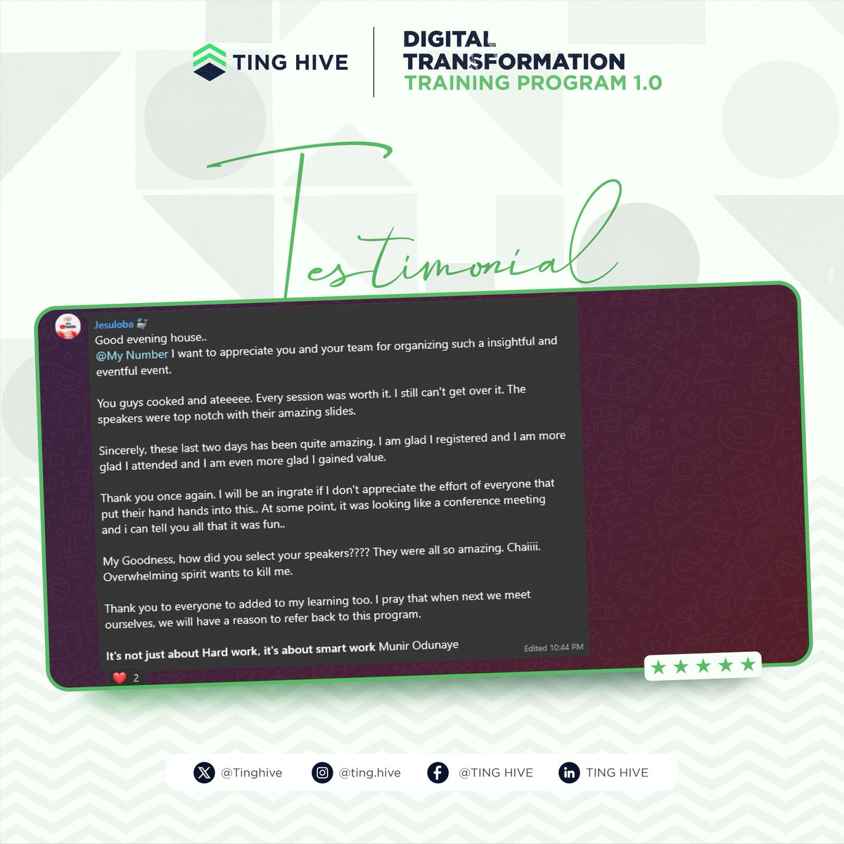 TingHive's tweet photo. We started out on an impact story and we can say unequivocally that we impacted.

Here is Jesuloba's comments on the program. 

The story continues...

#tinghive #DTTP1 #digitalsavvy #digitaltransformation #testimonials https://t.co/A3vSnnKXRl