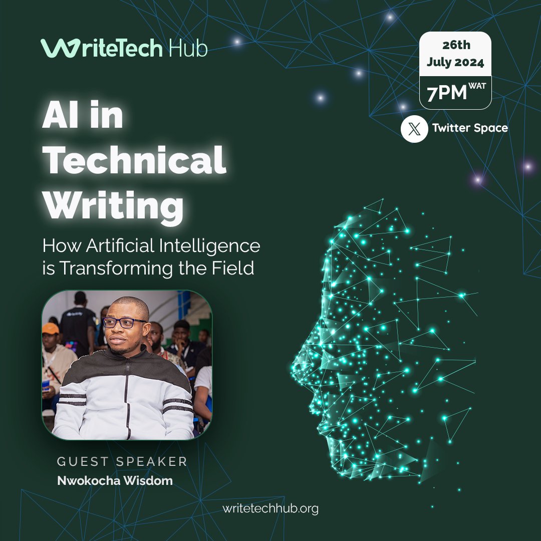 WriteTechHub's tweet image. Join Us Today at 7 PM! 🚀

We’re hosting a #XSpace on &quot;AI in Technical Writing: How Artificial Intelligence is Transforming the Field&quot; with @Joklinztech

Don’t miss out! Join the conversation here: x.com/i/spaces/1kvKp…

#TwitterSpace #TechWriting #AI #WriteTechHub