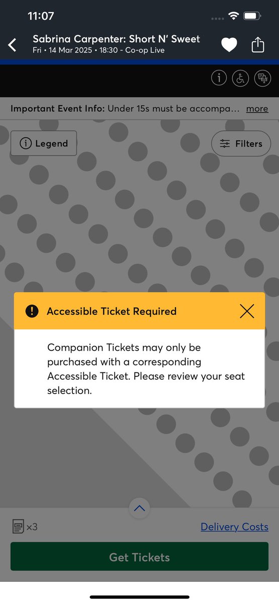 toldyouchlo's tweet photo. @TicketmasterUK how the fuck am i meant to buy a wheelchair and carer ticket for sabrina carpenter when they’re in sets of 3s?? https://t.co/wIfNw4TC78