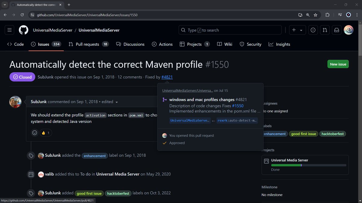 ra_man_kumar's tweet image. 🚀 Just had my enhancement for automatic Maven profile selection merged into the Universal Media Server project! 🎉 Grateful for the opportunity to contribute and improve the build process. #OpenSource #Maven #Java #UniversalMediaServer 🌟