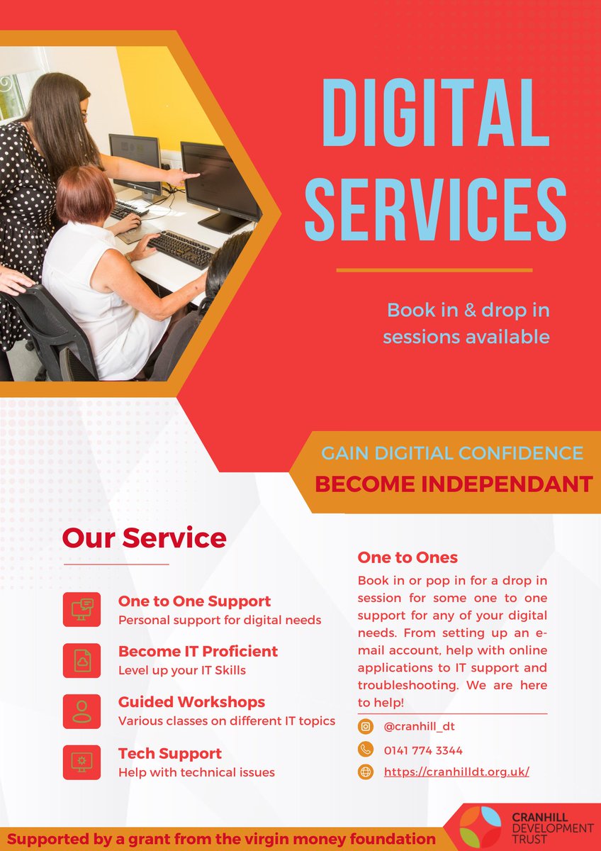 📷 Phone: 0141 774 3344 or 0808 196 8331
📷 Email: matthew@cranhilldt.org.uk
📷 Website: cranhilldt.org.uk

#cranhill #digitalsupport #virginmoney #ITSupport #DigitalInclusion #glasgow