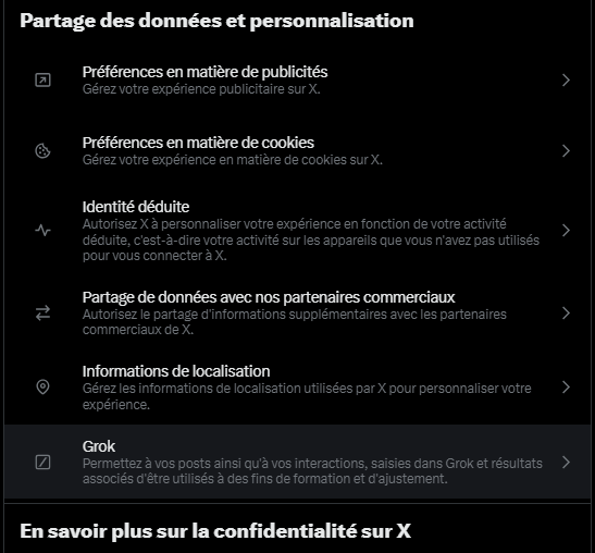gchampeau's tweet photo. 🔴A savoir. X a introduit un réglage activé par défaut qui lui donne le droit d'entraîner son IA Grok à partir de vos posts et likes, et d'entraîne xAI. Si vous souhaitez désactiver il faut se rendre dans "Confidentialité et sécurité" puis "Grok", ou cliquer ici : https://t.co/ZNfT0yFuK6