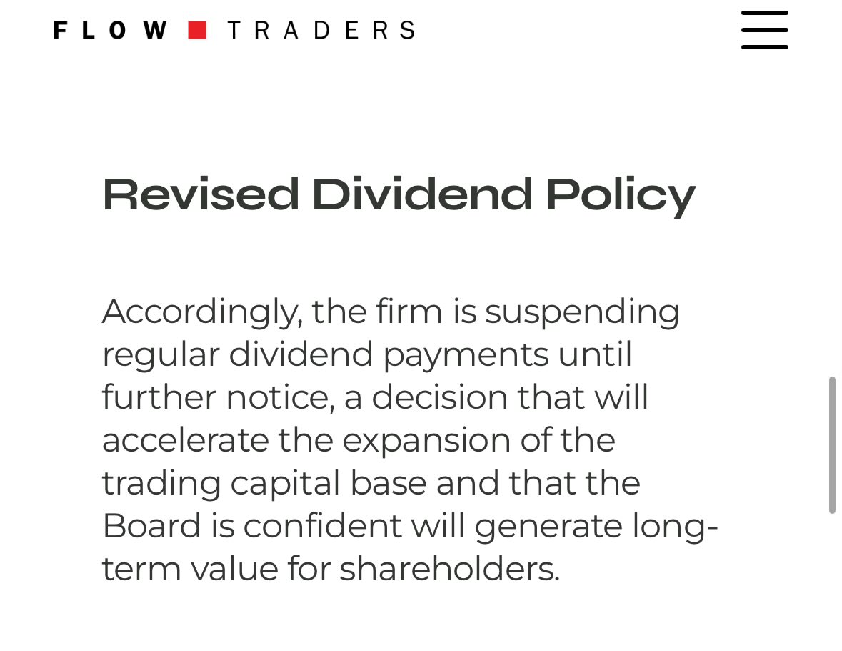 Seb28_7's tweet image. #Flowtraders $FLOW is suspending its dividend payments to accelerate growth. This is a fundamental policy change so this will move its stockprice significantly