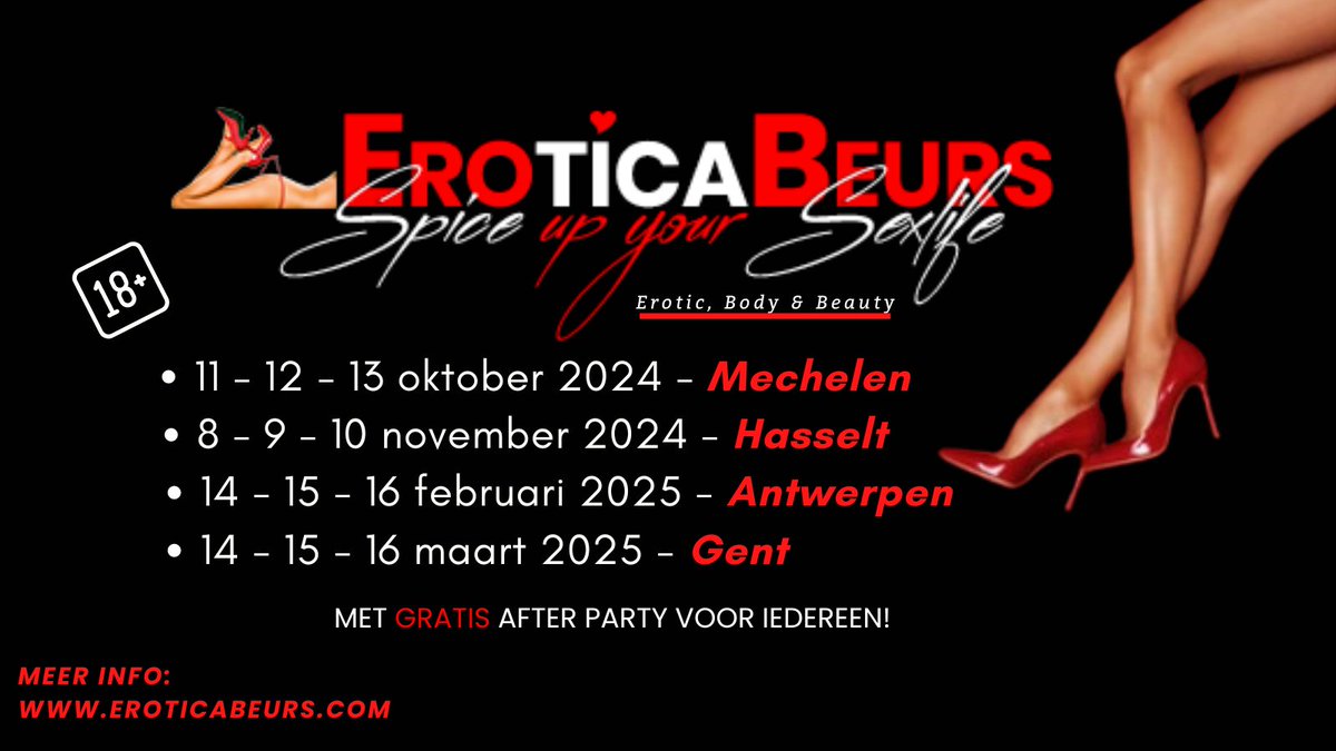 Noteer alvast de data in jullie agenda.
Tickets reeds te bestellen via eroticabeurs.com