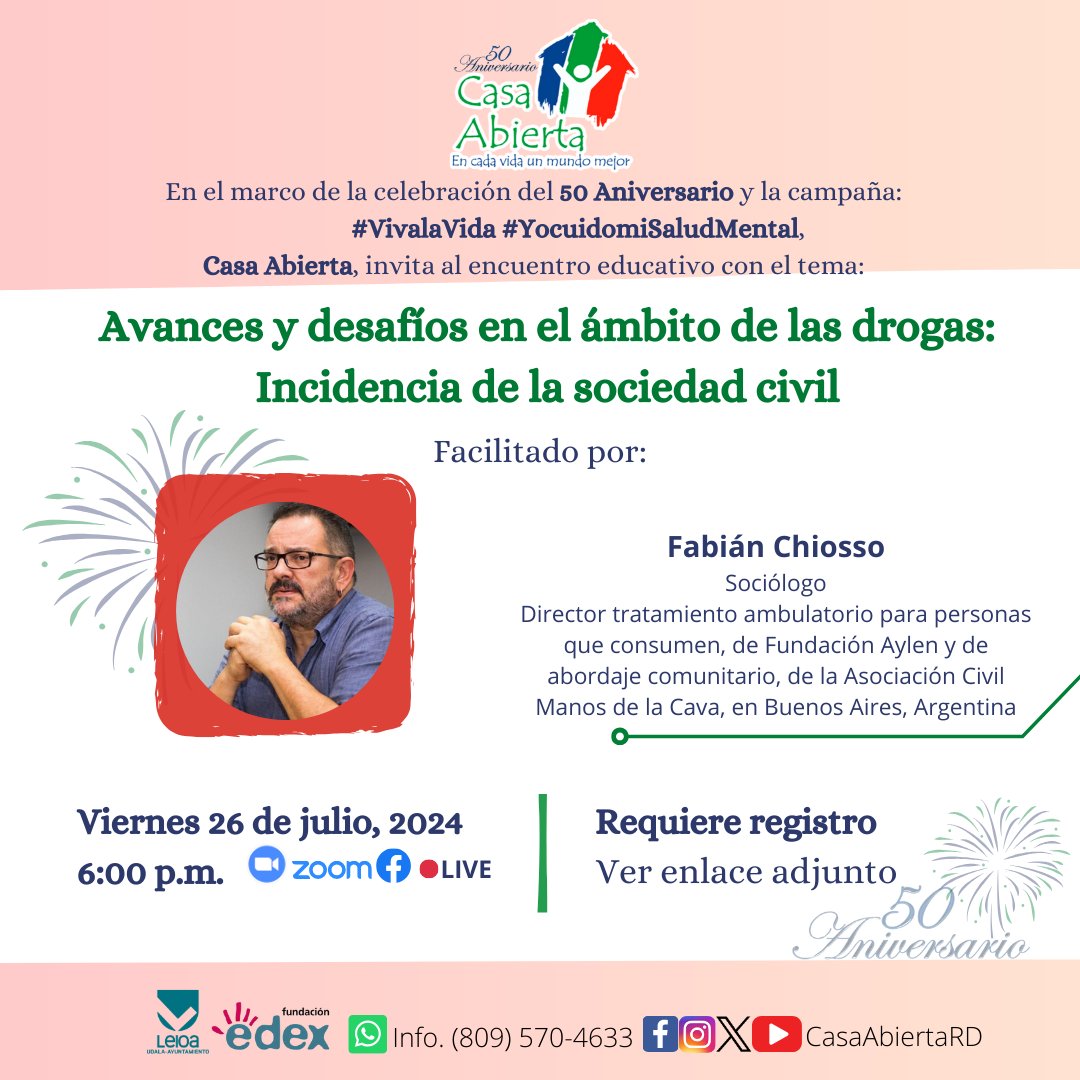 🥳Con motivo del 50 aniversario de <a href="/casaabiertard/">Casa Abierta RD</a>, el secretario de nuestra Junta Directiva <a href="/fabianchiosso/">Fabian Chiosso</a> dinamizará la charla "Avances y Retos en el ámbito de las drogas: incidencia desde la sociedad civil"

📅⏰Hoy a las 6pm (Santo Domingo)

Registro: bit.ly/4cYVye4