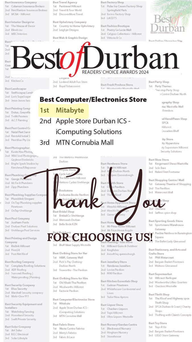 Thank you for voting for us in the Best of Durban Awards 🫶
(Deals Valid 22 July - 1 Aug 2024)
Order In-Store or On-Line at mitabyte.co.za/deals