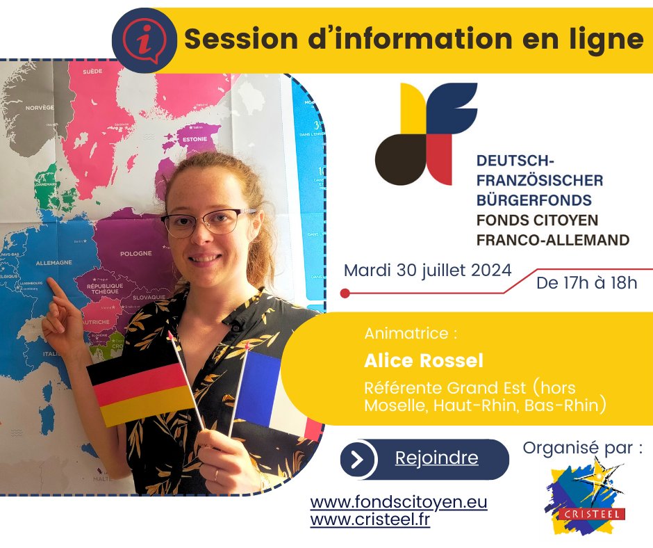 📣 CRISTEEL organise une session d'information en ligne sur le #Fondscitoyenfrancoallemand 🇩🇪 🇫🇷 
📆 mardi 30 juillet de 17h à 18h
📲Lien de connexion zoom : us06web.zoom.us/j/88336810240?…

Vos questions : fondscitoyen@cristeel.fr
fondscitoyen.eu/accueil