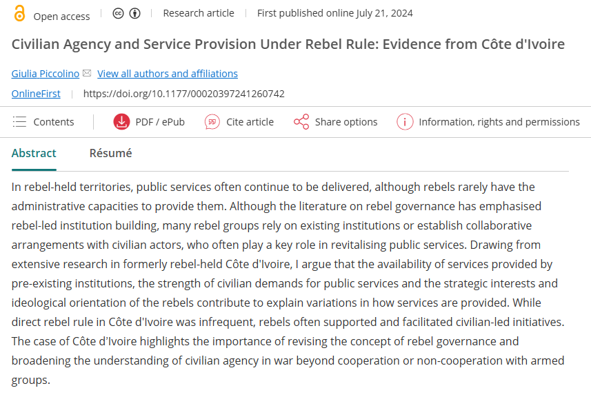 Africa Spectrum (@africaspectrum) on Twitter photo 🆕Challenging assumptions about #RebelGovernance, <a href="/GiuliaPiccolino/">GiuliaPiccolino</a> explores how civilians in Côte d'Ivoire often led public service provision in rebel-held areas, with rebels playing a supportive role.
👉Read here #OpenAccess: doi.org/10.1177/000203… 🆕Challenging assumptions about #RebelGovernance, <a href="/GiuliaPiccolino/">GiuliaPiccolino</a> explores how civilians in Côte d'Ivoire often led public service provision in rebel-held areas, with rebels playing a supportive role.
👉Read here #OpenAccess: doi.org/10.1177/000203…