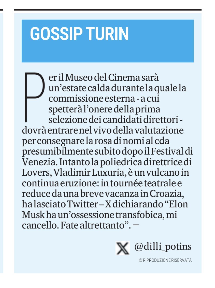 #vladimirluxuria lascia #Twitter X e il @museocinema al lavoro per selezionare il nuovo direttore.
#gossipturin in edicola con <a href="/LaStampa/">La Stampa</a> <a href="/TorinoSette/">Torino Sette</a>