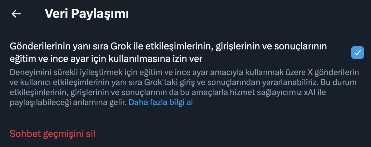 Twitter, yapay zekası Grok'u eğitmek için verilerimizi kullanmaya onay veren bir ayarı varsayılan olarak etkinleştirdi.

Gizli bir menüye yerleştirmişler, sadece Web üzerinden alttaki linkle devre dışı bırakabiliyoruz. Verilerinizi koruyun.

link: x.com/settings/grok_…