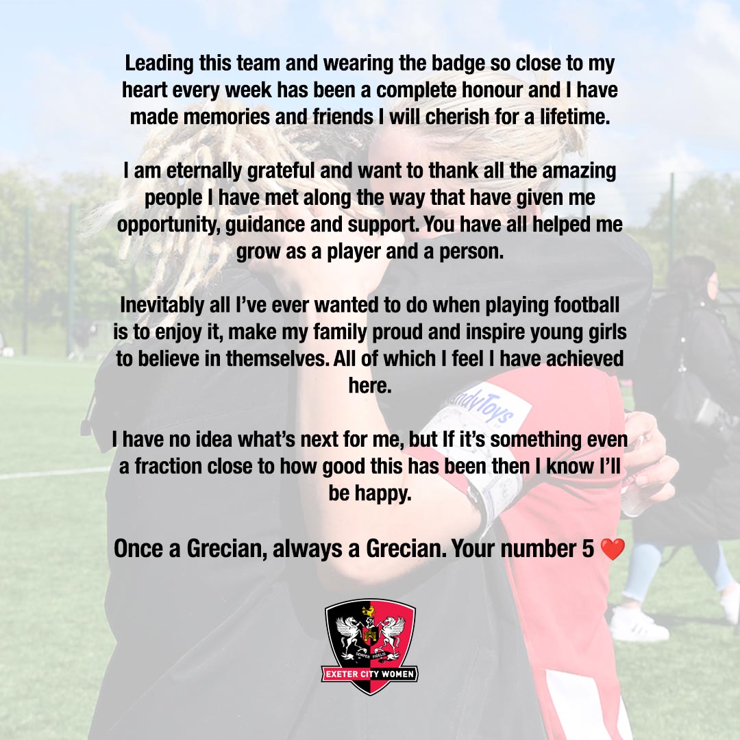OfficialECFC's tweet photo. Captain, Leader, Legend: Thank you, Manfy ❤️

📝 A message from @manfysharpe5, who has announced she will be leaving @ExeterCityWFC after nine years at the club:

#ECFC #SemperFidelis https://t.co/2RVQhGPBBA