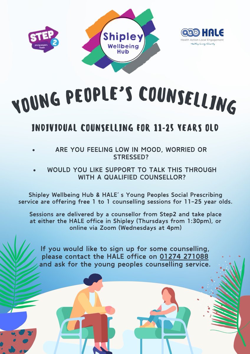The Shipley Wellbeing Hub at @HALE can offer young people counselling appointments with a qualified counsellor.
Please contact the HALE office on 📷 01274 271088 for more information.
#mentalhealth #YoungPeople #counselling #lowmood #anxiety #Stress #worry #Bradford