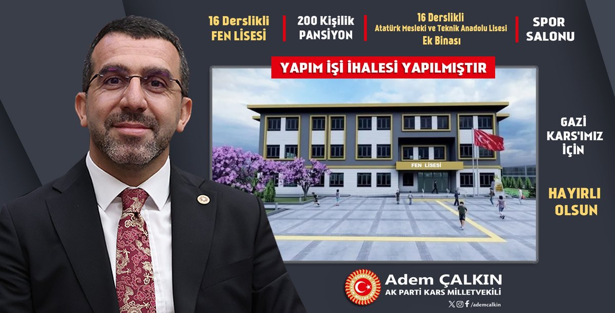 Ademcalkin's tweet photo. 🔷16 Derslikli FEN LİSESİ
🔷200 Kişilik PANSİYON
🔷16 Derslikli EK BİNA
🔷 SPOR SALONU
YAPIM İŞİ İHALESİ TAMAM.
Gazi Kars'ımız eğitim alt yapısını modern, gelişmiş okullar  ile güçlendirmeye devam ediyoruz.
Serhat şehrimiz için hayırlı, uğurlu olsun. https://t.co/IZM4HLgFvv