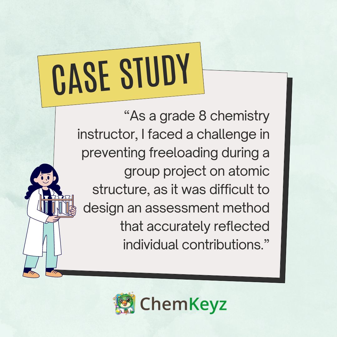 ChemKeyz's tweet photo. Case study: “As a grade 8 chemistry instructor, I faced a challenge in preventing freeloading during a group project on atomic structure, as it was difficult to design an assessment method that accurately reflected individual contributions.”
.
.
#chemistrytutor #AIinLearning https://t.co/tfEqkdq8B3