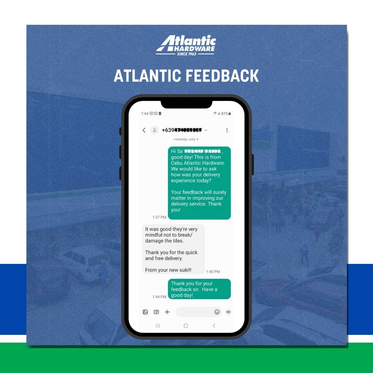 📝 CLIENT FEEDBACK: “It was good. They’re very mindful not to break/damage the tiles. From your new suki!!”. 

Thank you for being our valued customer.  Your satisfaction is our number one priority and we’re grateful for the trust you’ve placed in us.💙

#atlantichardware #cebu