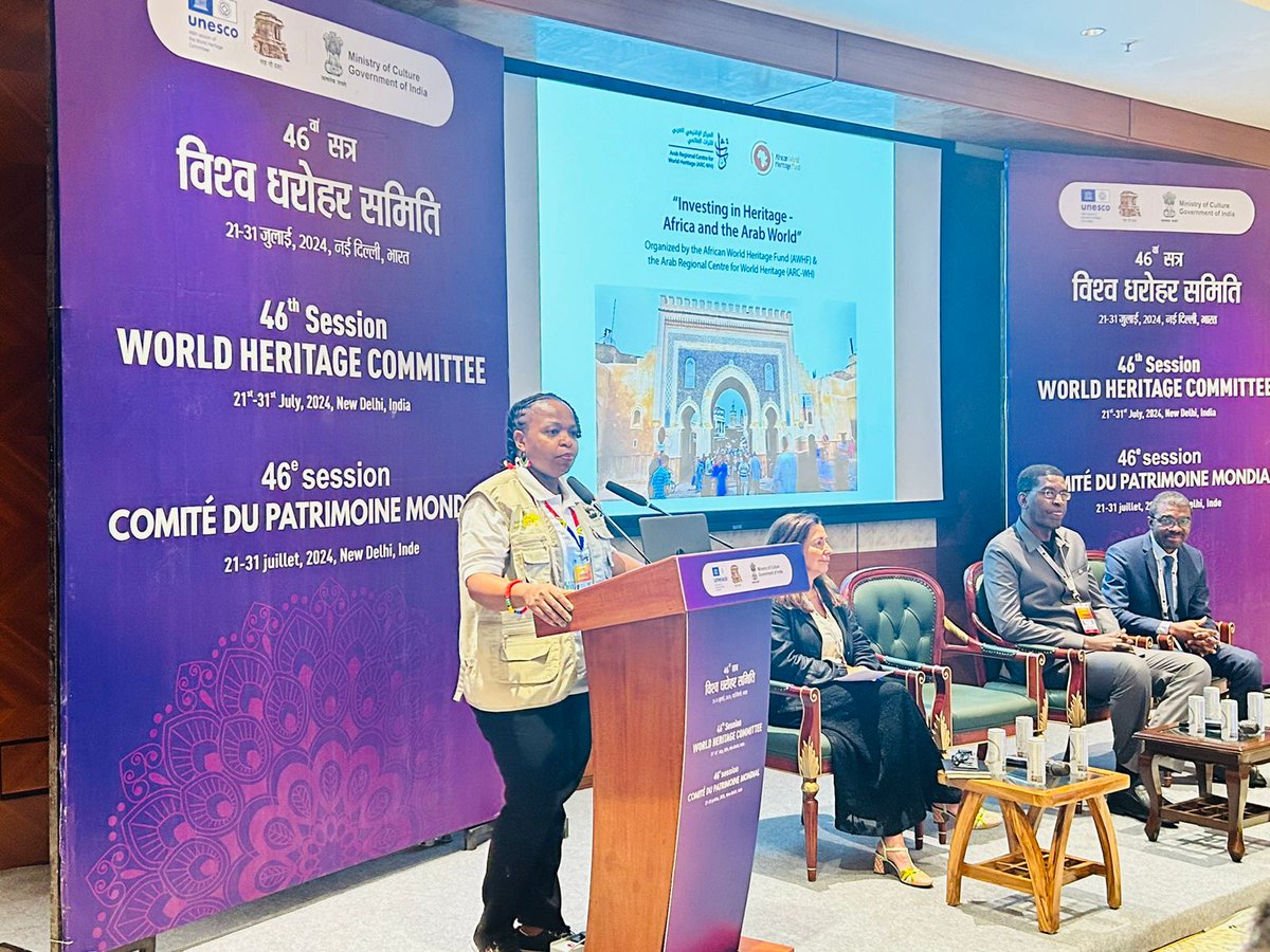 African_WH_Fund's tweet photo. Ms. Mokgohloa, AWHF Trustee, highlighting the great contribution in strengthening World Heritage capacities in Africa and the critical role of collaboration with @ARCWH &amp; @ICOMOS  for sustainable conservation of heritage across Africa and the Arab regions. @environmentza #46COM https://t.co/E2mF9wxgqY