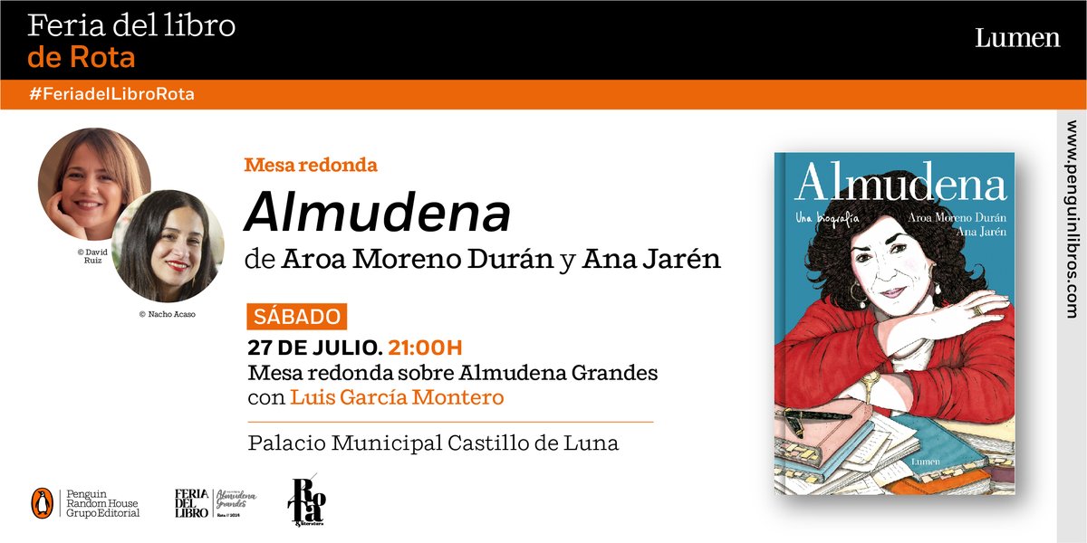 Os recordamos que mañana tendremos un encuentro muy especial en #Rota ⬇️

⏰ 21h
📖 Mesa redonda sobre Almudena Grandes con <a href="/AroaMD/">Aroa Moreno Durán</a>, <a href="/anajaren_art/">Ana Jarén</a> y Luis García Montero
📍 Palacio Municipal Castillo de Luna, Feria del Libro Almudena Grandes

@RotaAyto #AlmudenaGrandes