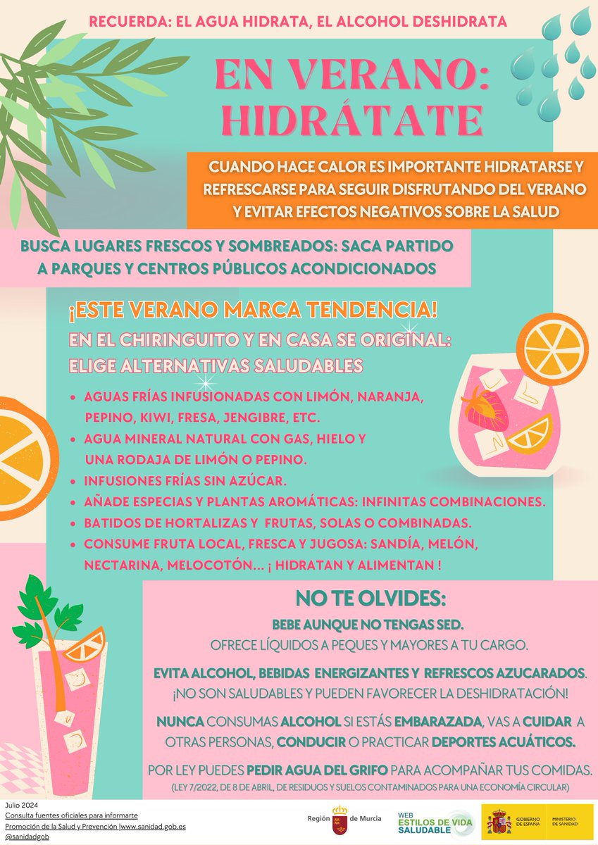 🌞En #verano hidrátate ❗️💦

🥤Cuando hace #calor es importante hidratarse y refrescarse para seguir disfrutando del verano y evitar efectos negativos sobre la salud

🚫Evita alcohol, bebidas energizantes y refrescos azucarados, ya que pueden favorecer la deshidratación

✳️Elige