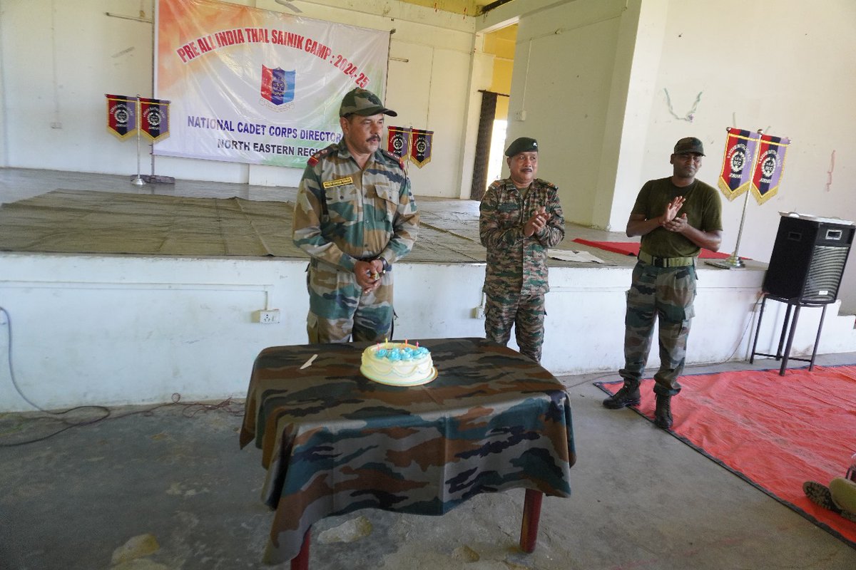 nccner's tweet photo. Honoring bravery on the 25th Anniversary of Kargil Vijay Diwas! Our cadets at the Pre TSC - 1 Camp surprised our PI, a warrior of the Battle of Tiger Hill, with a cake! Celebrating courage and sacrifice! 🇮🇳⚔️@HQ_DG_NCC #KargilVijayDiwas #PrideAndHonour @adgpi @proshillong @prodefgau