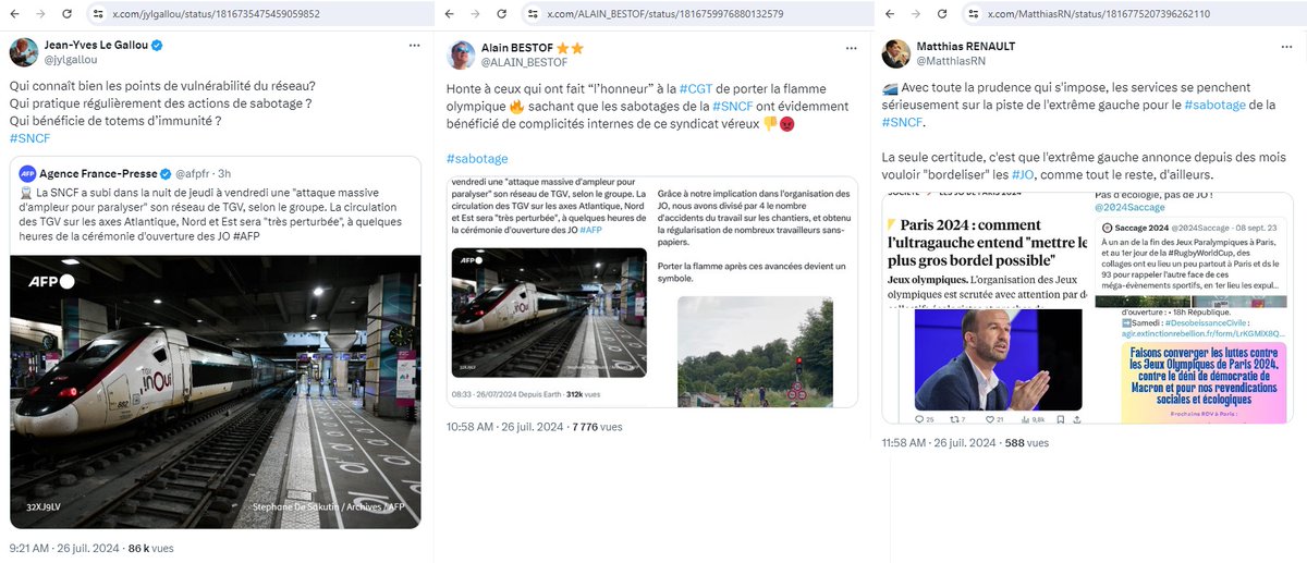 DebunkersD's tweet photo. Pour l'#extremedroite, le #sabotage de la #SNCF; c'est #Tarnac (en tendance ce qui montre la force de frappe de la viralité de l'ED); ou alors c'est la #CGT, #LFI ou l'#extremegauche (LFI donc). Pas besoin d'enquête, tout le monde à la guillotine... 🤢
On rappellera https://t.co/rQJe8pBQ0P