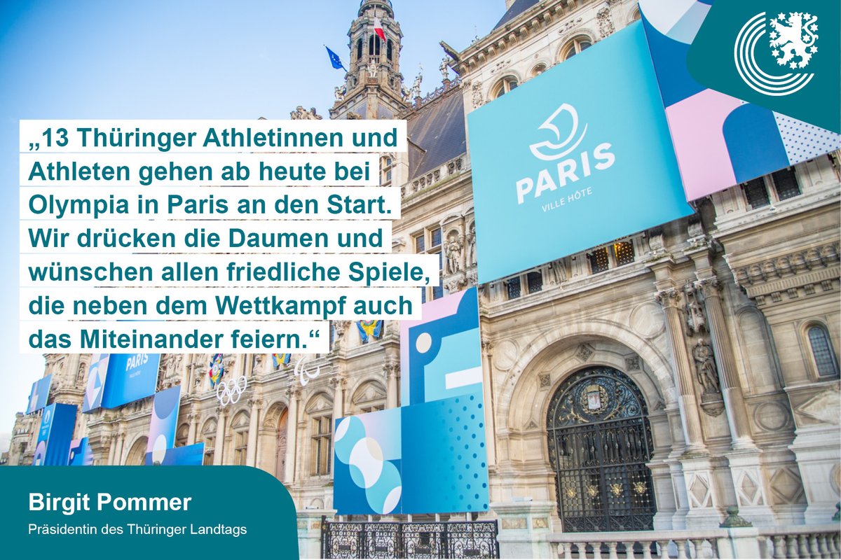 Thüringer Landtag (@thuerlandtag) on Twitter photo "13 Athletinnen und Athleten gehen ab heute bei Olympia in Paris an den Start. Wir drücken die Daumen und wünschen allen friedliche Spiele, die neben dem Wettkampf auch das Miteinander feiern", sagt LP'in <a href="/TLTpommer/">Birgit Pommer</a> vorab zur heutigen Eröffnung der Olympischen Spiele <a href="/Paris2024/">Paris 2024</a> "13 Athletinnen und Athleten gehen ab heute bei Olympia in Paris an den Start. Wir drücken die Daumen und wünschen allen friedliche Spiele, die neben dem Wettkampf auch das Miteinander feiern", sagt LP'in <a href="/TLTpommer/">Birgit Pommer</a> vorab zur heutigen Eröffnung der Olympischen Spiele <a href="/Paris2024/">Paris 2024</a>