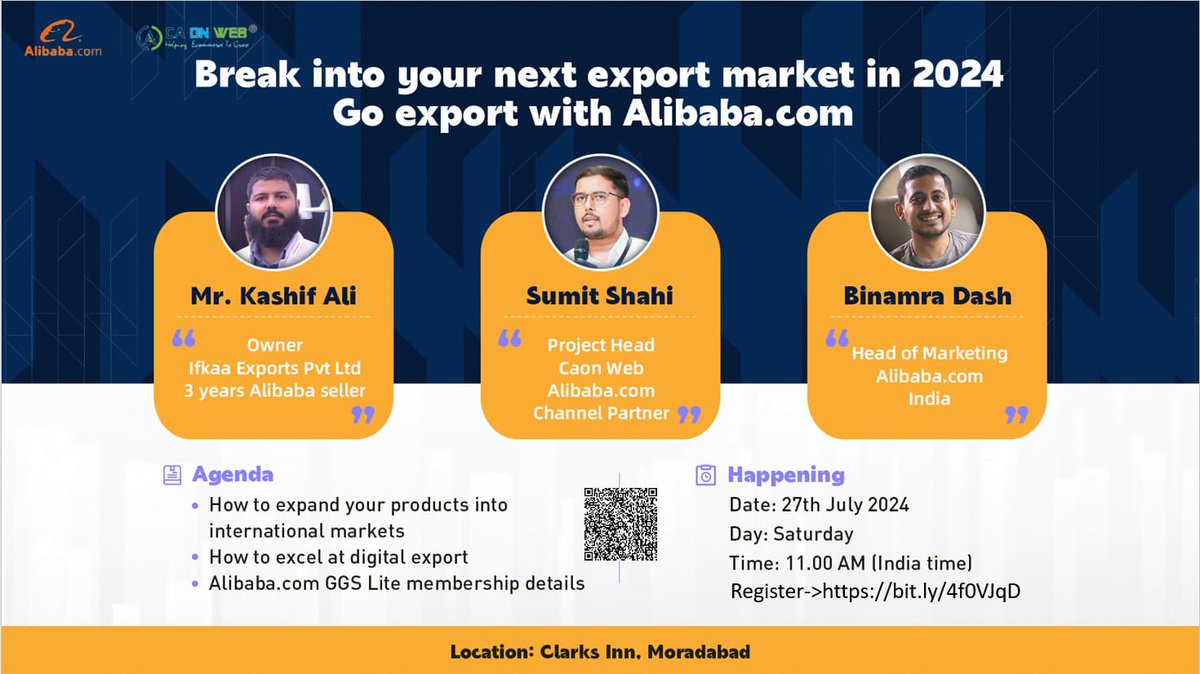 Join Alibaba.com's special event in Moradabad on July 27th! Connect with industry leaders and grow your business globally. Register here: bit.ly/selleralibabac… #alibabaevent #exportersmeet #GlobalBusiness