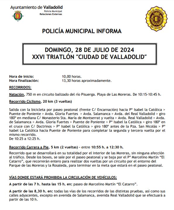 PoliciaMV's tweet photo. Mañana domingo se celebra el XXVI TRIATLÓN "Ciudad de Valladolid"
Te informamos de la incidencia que tendrá en el tráfico👇 https://t.co/P68g7ZYENI