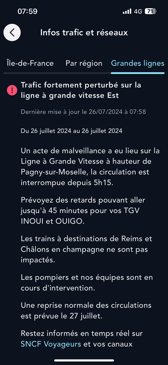 Plusdetrains's tweet photo. Série d’actes de malveillance ou d’incendie au bord des voies sur 3 des 4 lignes TGV allant à Paris ce matin. 
Trois lignes touchées le même matin, qui plus est le jour de la cérémonie d’ouverture ? C’est vraiment pas de chance ou c’est corrélé 🧐 https://t.co/FCLyBD1juY