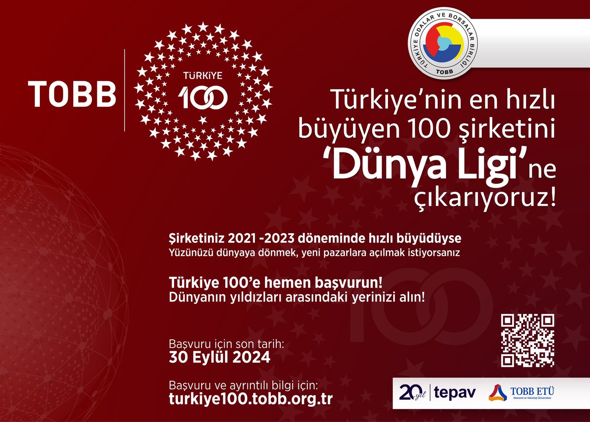 📢TOBB öncülüğünde, <a href="/TEPAV/">tepav</a>  ve <a href="/tobbetum/">TOBB ETÜ</a> işbirliğinde Türkiye’nin en hızlı büyüyen 100 şirketi seçilecek.  

Yüzünüzü dünyaya dönmek, yeni pazarlara açılmak istiyorsanız Türkiye 100'e hemen başvurun.  

Başvuru ve detaylar için ⤵️
turkiye100.tobb.org.tr
<a href="/TOBBiletisim/">TOBB</a>