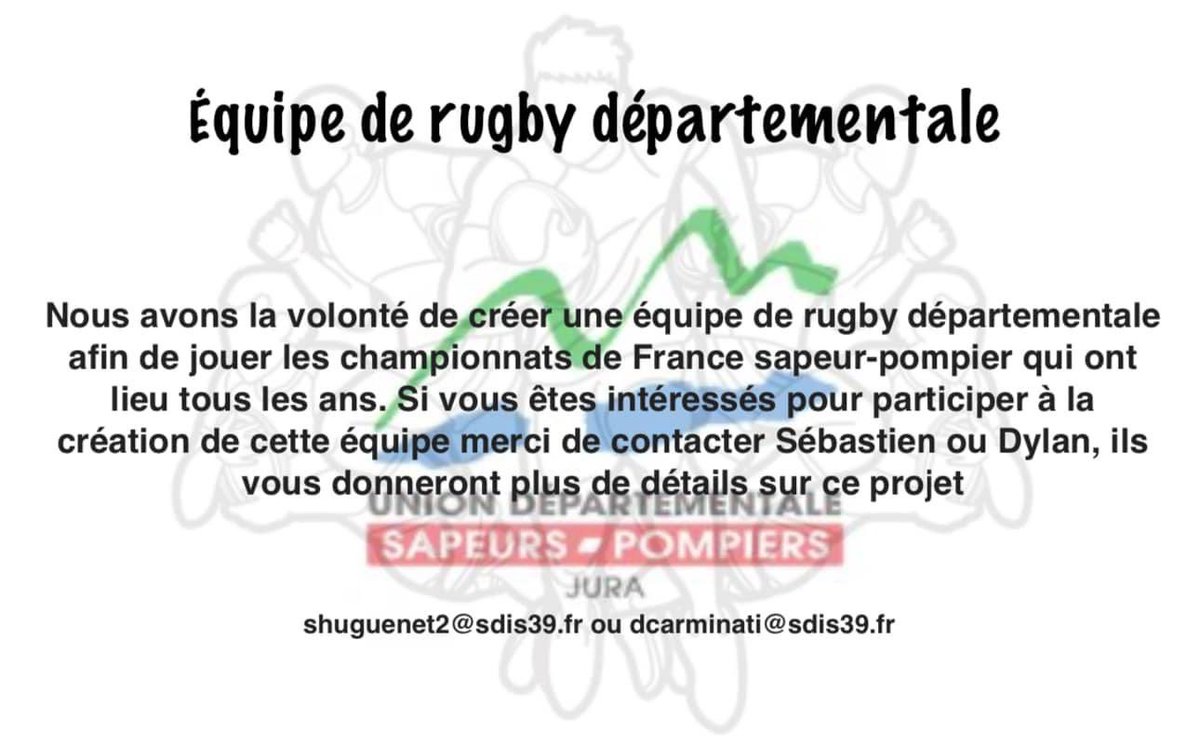 UDSP 39 (@udsp_39) on Twitter photo #Rugby 🏉🚒🇫🇷 | une équipe de rugby dans le Jura pour nos <a href="/PompiersFR/">Pompiers de France</a> ? À toi de jouer ! ✅ <a href="/guyon_j/">GUYON Jérôme</a> <a href="/Rondot_Raphael/">Raphaël Rondot</a> <a href="/ThomasP70091102/">Thomas Philippe</a> <a href="/RICHARD_Sy25/">RICHARD Sylvain</a> <a href="/ClmentComte1/">Clément Comte</a> <a href="/HalgrainAntoine/">Halgrain Antoine</a> <a href="/Hugogrdt1/">Hugo Girardet</a> <a href="/TissotJulien39/">Tissot Julien</a> <a href="/Prefet39/">Préfet du Jura</a> <a href="/phuguenet/">Philippe Huguenet</a> #Rugby 🏉🚒🇫🇷 | une équipe de rugby dans le Jura pour nos <a href="/PompiersFR/">Pompiers de France</a> ? À toi de jouer ! ✅ <a href="/guyon_j/">GUYON Jérôme</a> <a href="/Rondot_Raphael/">Raphaël Rondot</a> <a href="/ThomasP70091102/">Thomas Philippe</a> <a href="/RICHARD_Sy25/">RICHARD Sylvain</a> <a href="/ClmentComte1/">Clément Comte</a> <a href="/HalgrainAntoine/">Halgrain Antoine</a> <a href="/Hugogrdt1/">Hugo Girardet</a> <a href="/TissotJulien39/">Tissot Julien</a> <a href="/Prefet39/">Préfet du Jura</a> <a href="/phuguenet/">Philippe Huguenet</a>